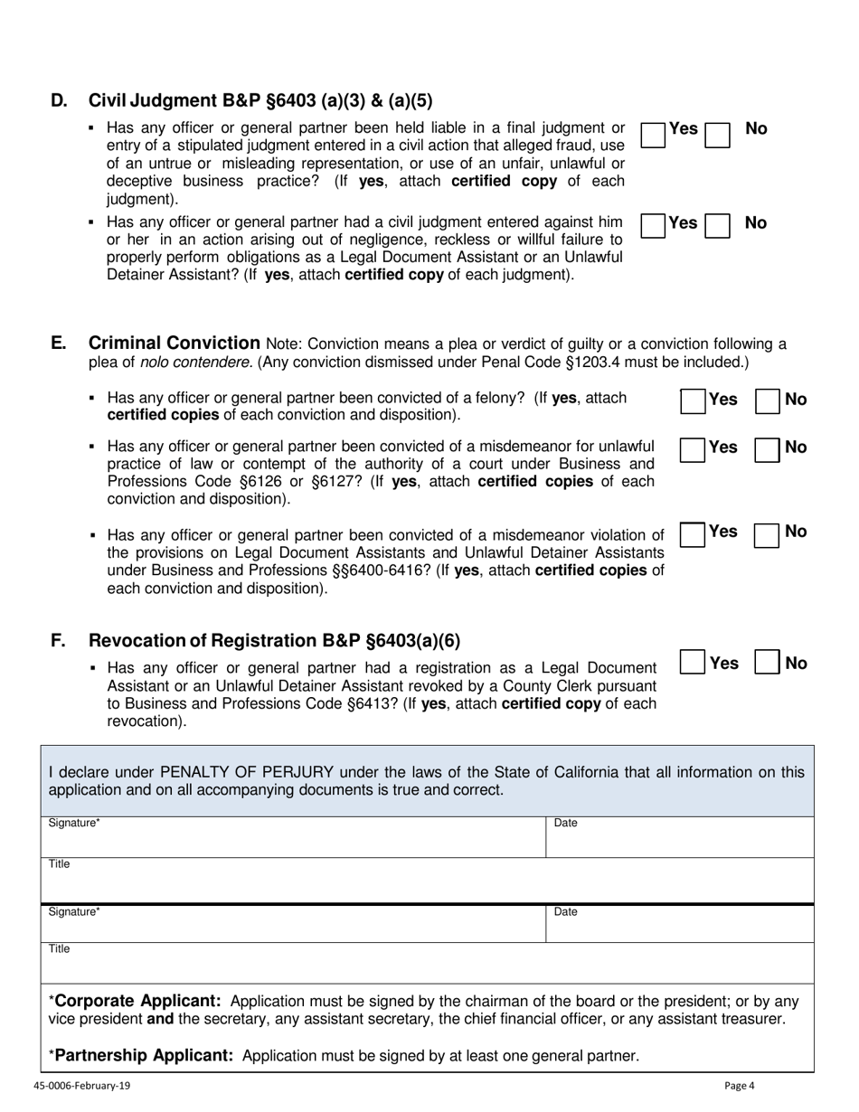 Form 45-0006 Application for Corporation / Partnership Legal Document Assistant Certificate of Registration - Stanislaus County, California, Page 4