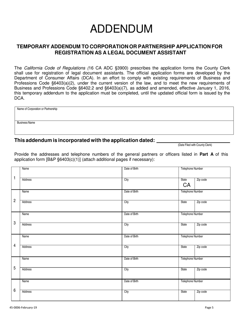 Form 45-0006 Application for Corporation / Partnership Legal Document Assistant Certificate of Registration - Stanislaus County, California, Page 5