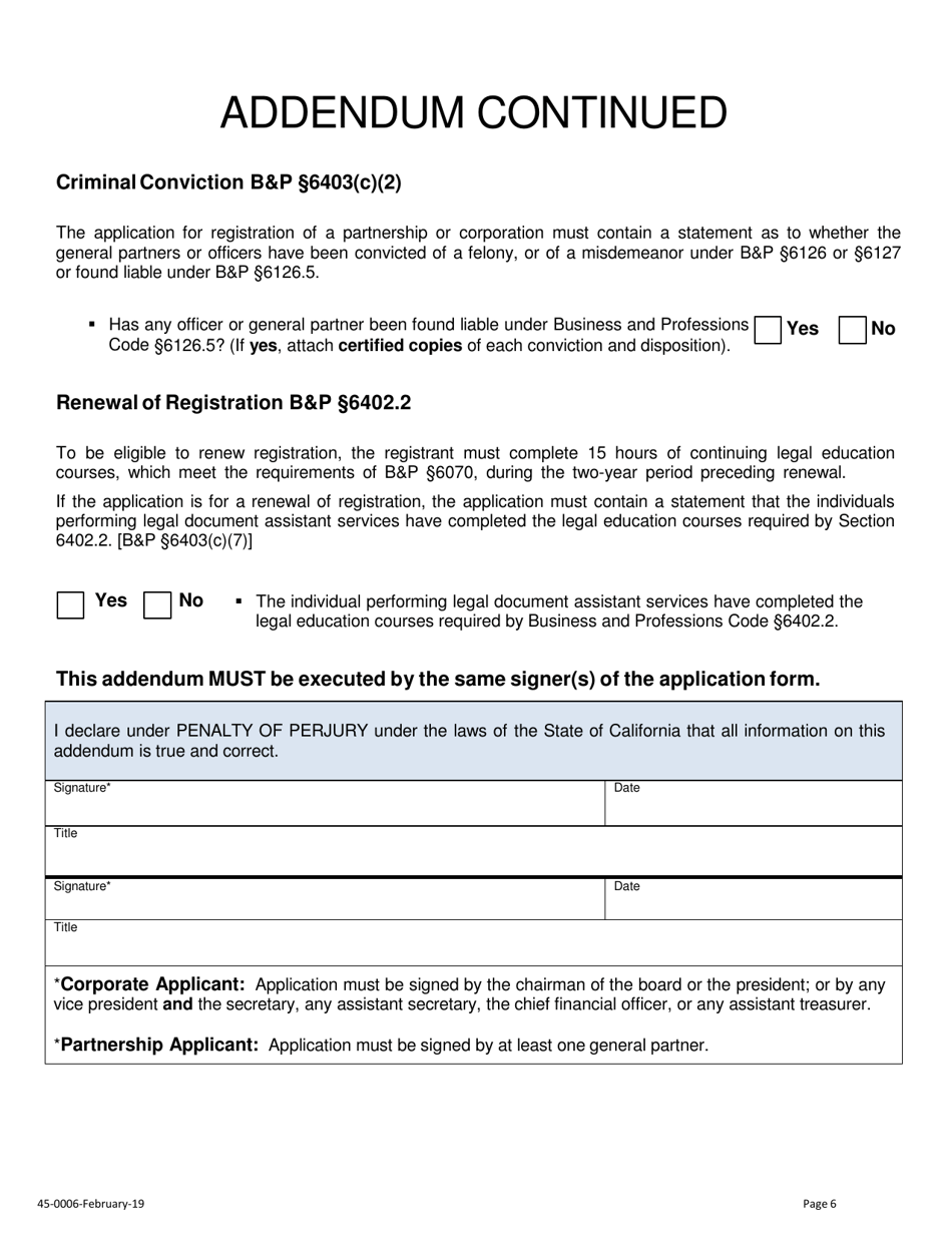 Form 45-0006 Application for Corporation / Partnership Legal Document Assistant Certificate of Registration - Stanislaus County, California, Page 6