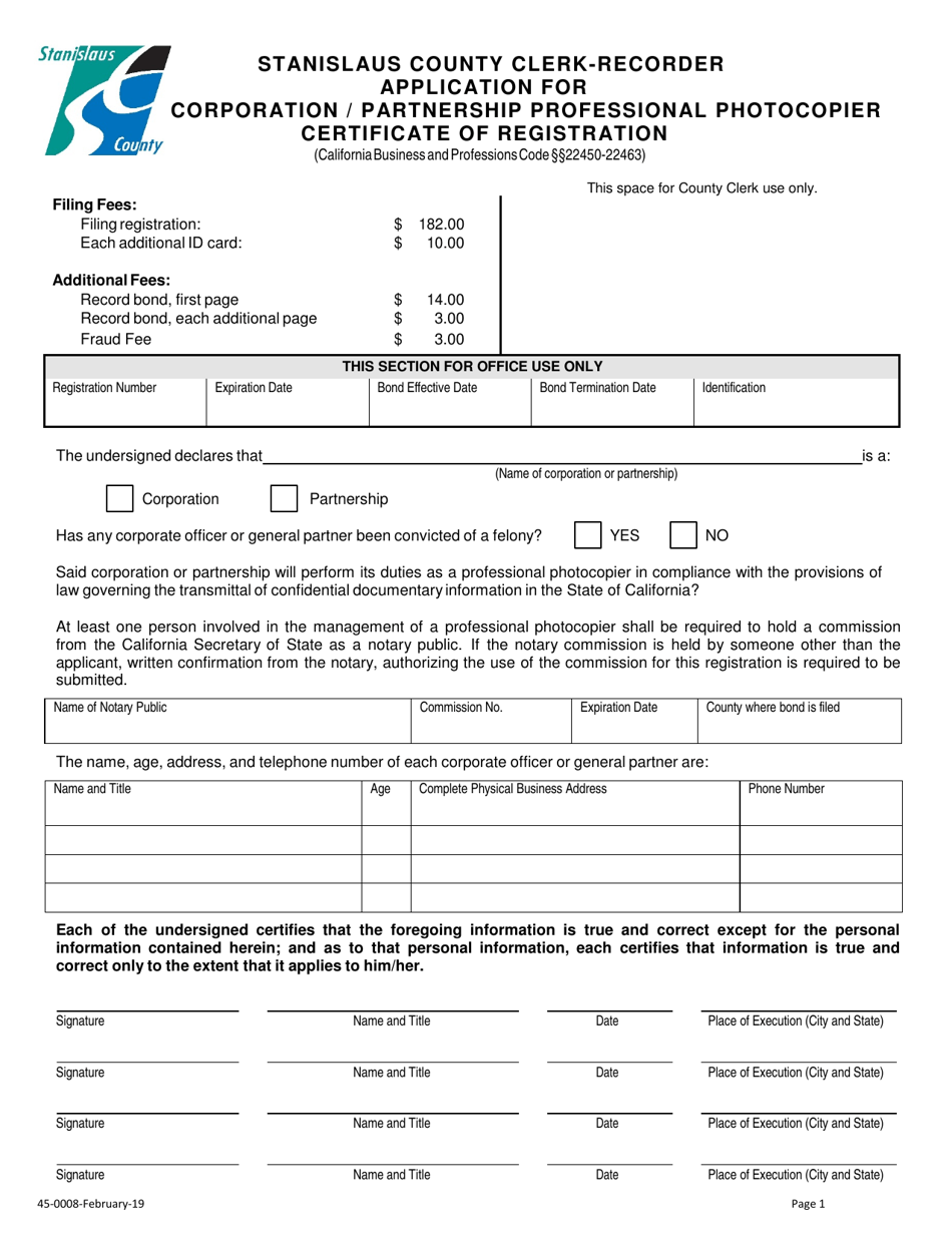 Form 45-0008 Application for Corporation / Partnership Professional Photocopier Certificate of Registration - Stanislaus County, California, Page 1