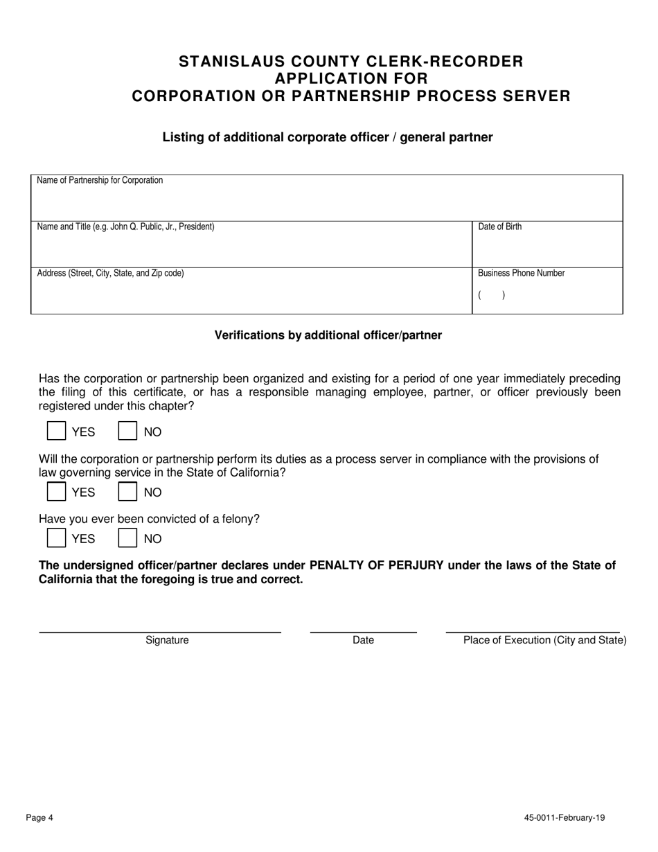 Form 45-0011 Application for Corporation or Partnership Process Server Certificate of Registration - Stanislaus County, California, Page 4