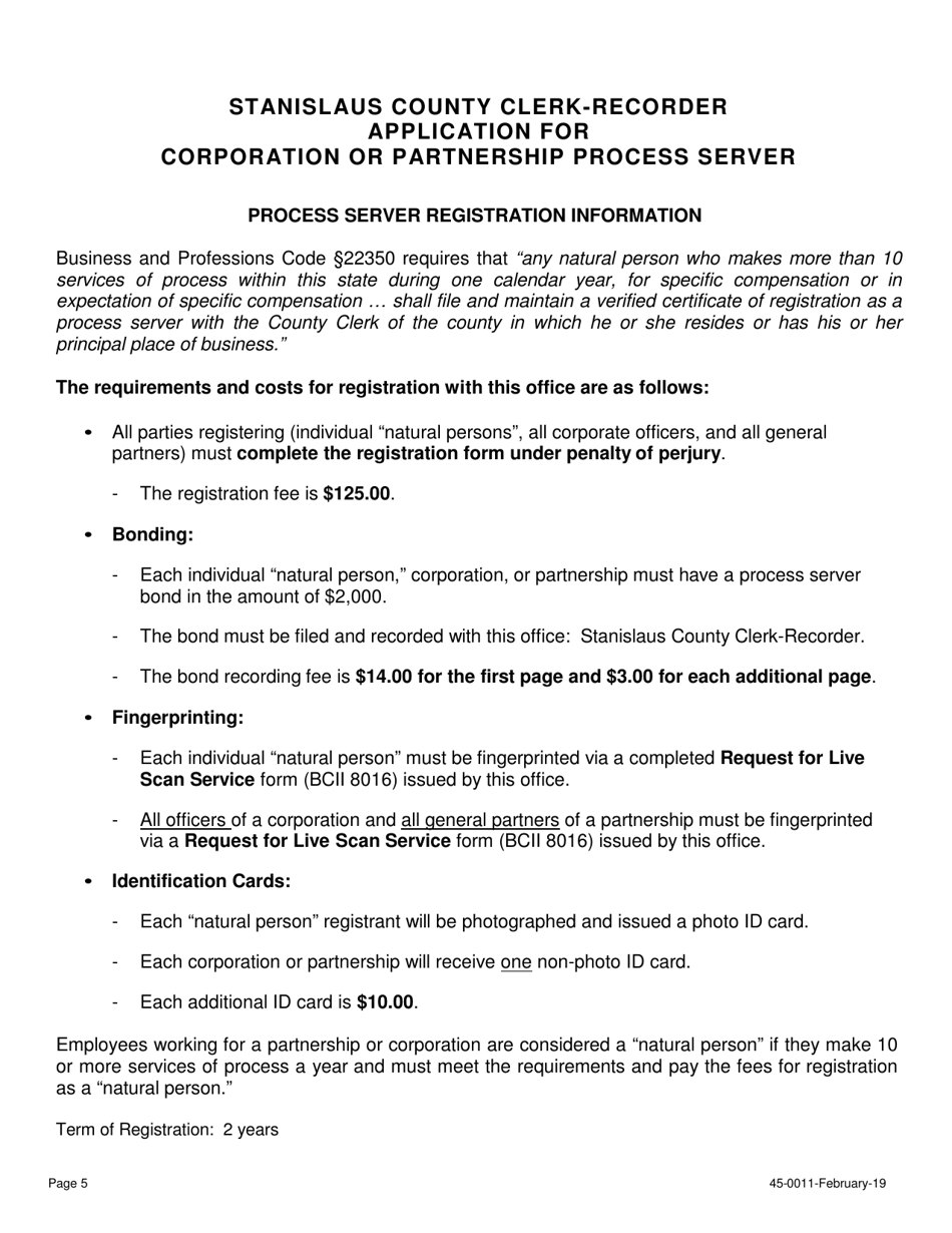 Form 45-0011 Application for Corporation or Partnership Process Server Certificate of Registration - Stanislaus County, California, Page 5