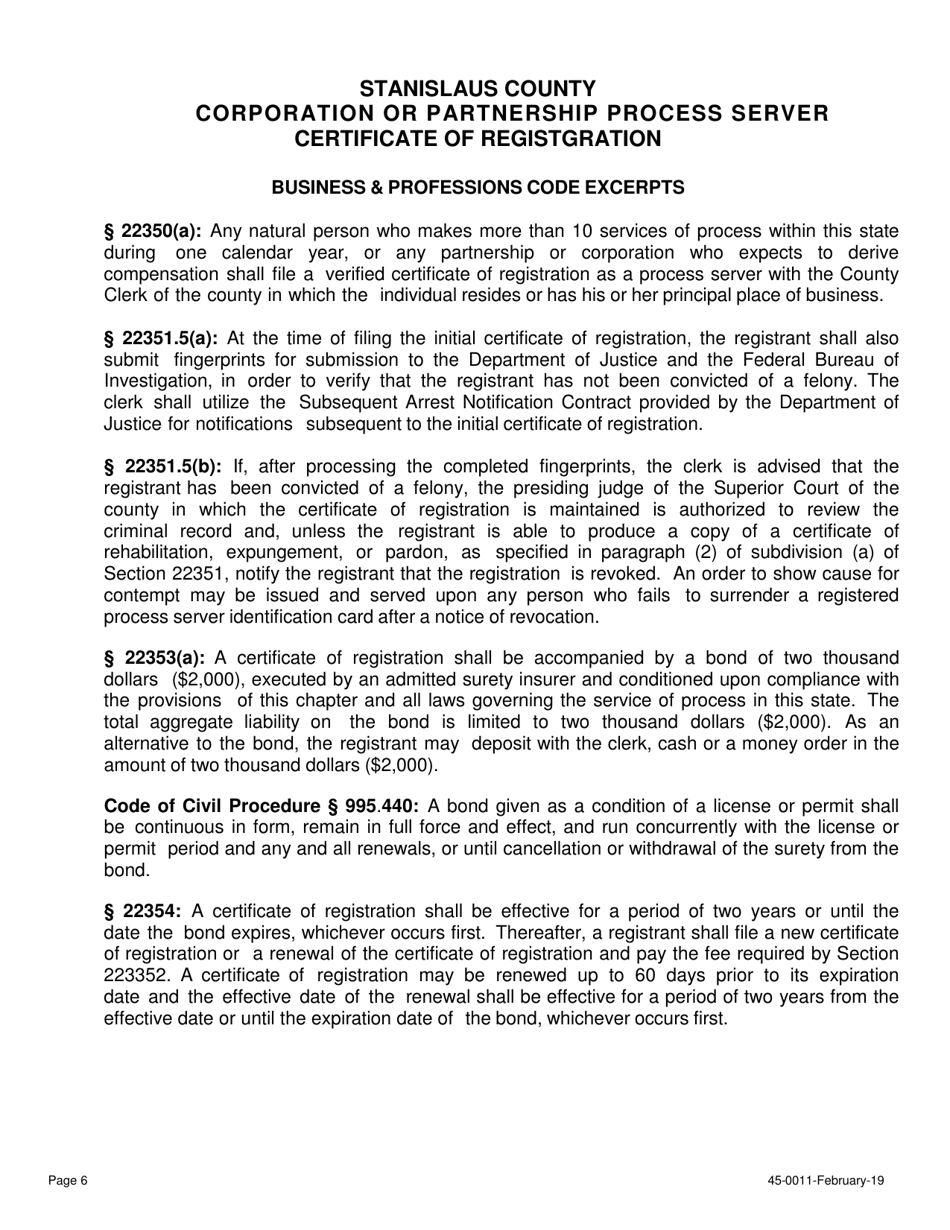 Form 45-0011 Application for Corporation or Partnership Process Server Certificate of Registration - Stanislaus County, California, Page 6