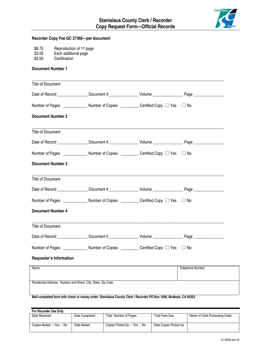 Form 61-0030 Copy Request Form - Official Records - Stanislaus County, California, Page 1