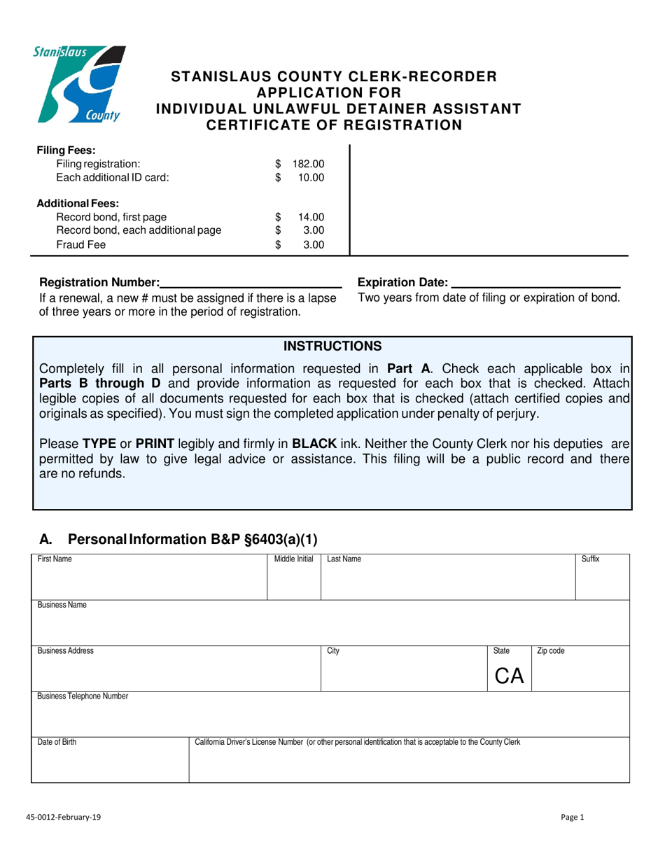 Form 45-0012 Application for Individual Unlawful Detainer Assistant Certificate of Registration - Stanislaus County, California, Page 1