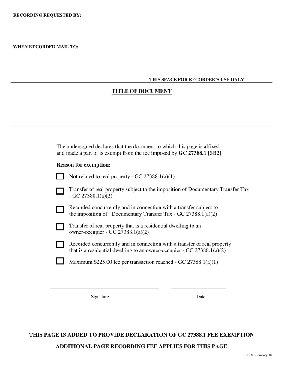 Form 61-0032 Recording Cover Page With Exemptions - Stanislaus County, California, Page 1