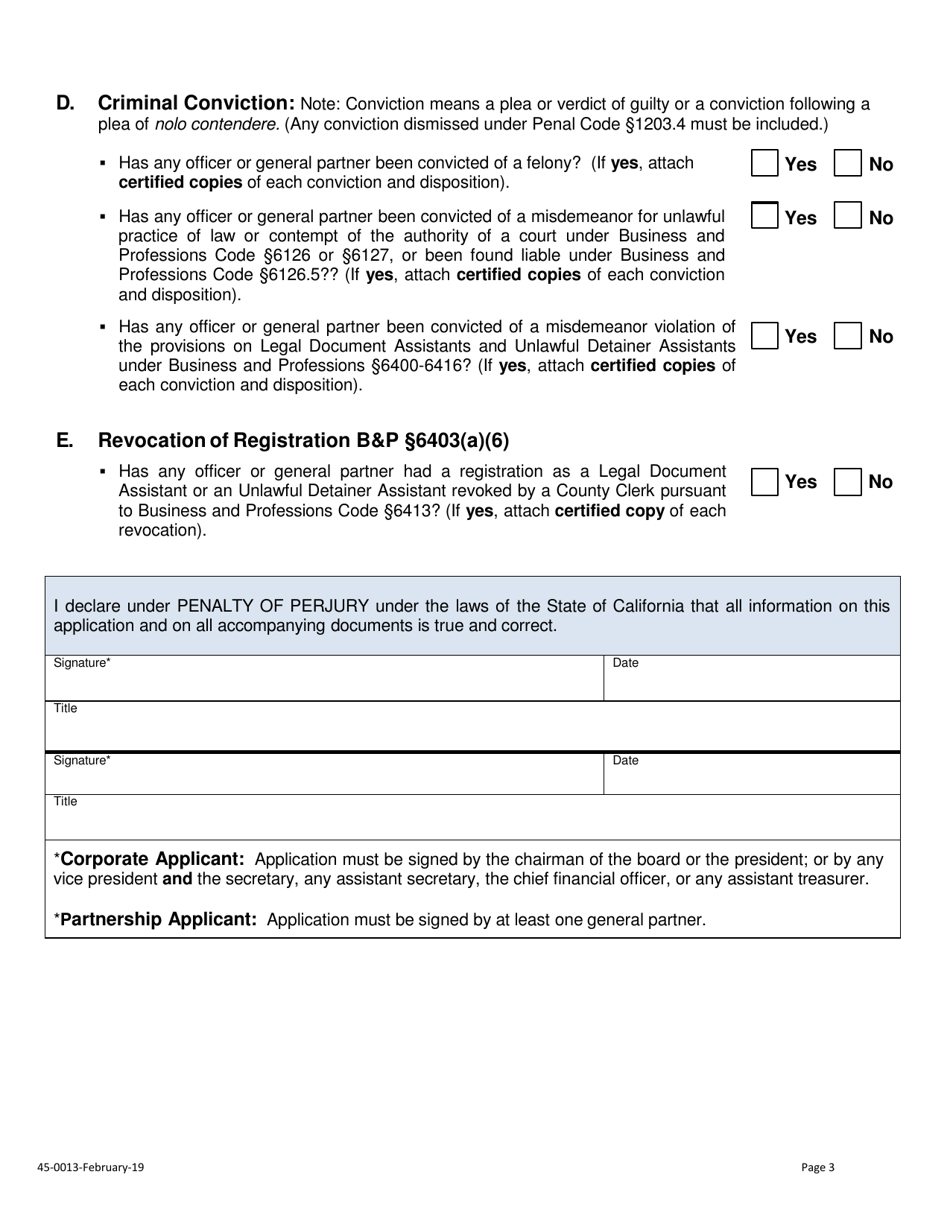 Form 45-0013 Application for Corporation / Partnership Unlawful Detainer Assistant Certificate of Registration - Stanislaus County, California, Page 3