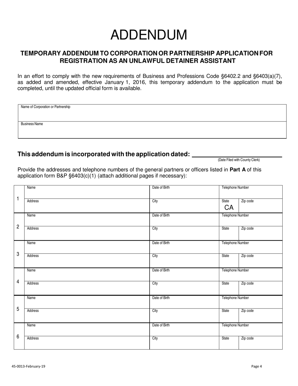 Form 45-0013 Application for Corporation / Partnership Unlawful Detainer Assistant Certificate of Registration - Stanislaus County, California, Page 4