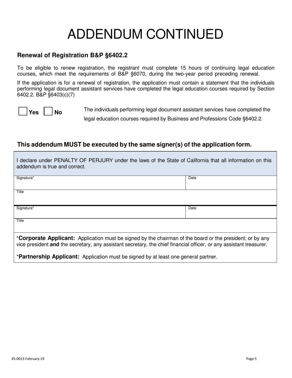 Form 45-0013 Application for Corporation / Partnership Unlawful Detainer Assistant Certificate of Registration - Stanislaus County, California, Page 5
