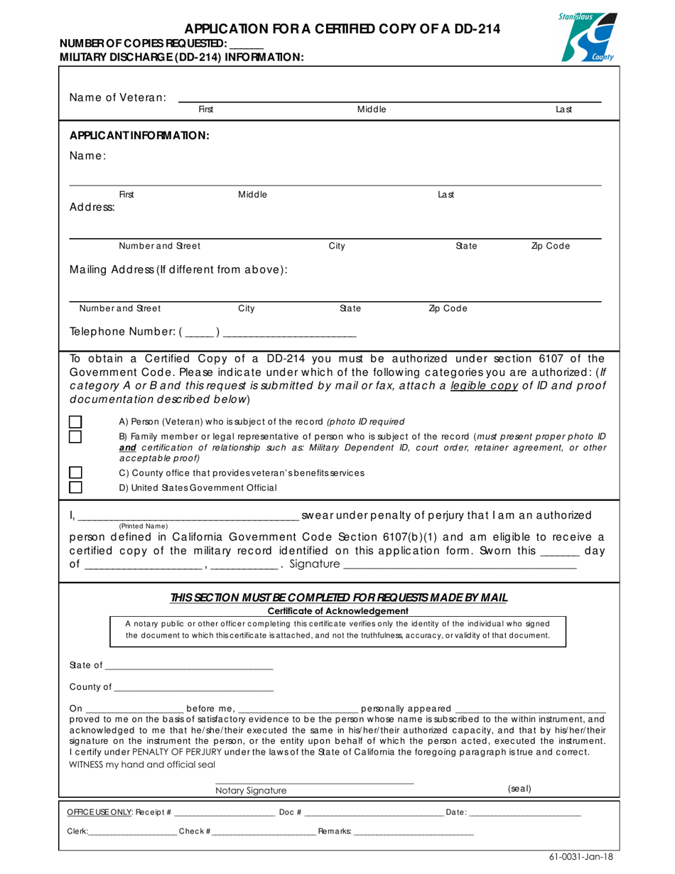 Form 61-0031 Application for a Certified Copy of a DD-214 - Stanislaus County, California, Page 1