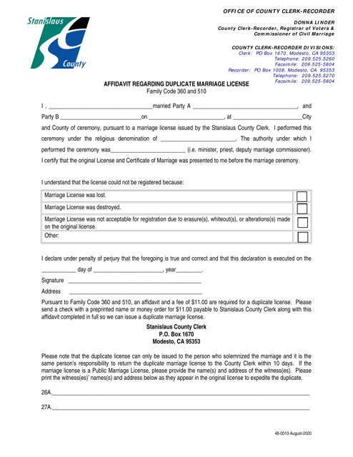 Form 48-0010 Affidavit Regarding Duplicate Marriage License - Stanislaus County, California