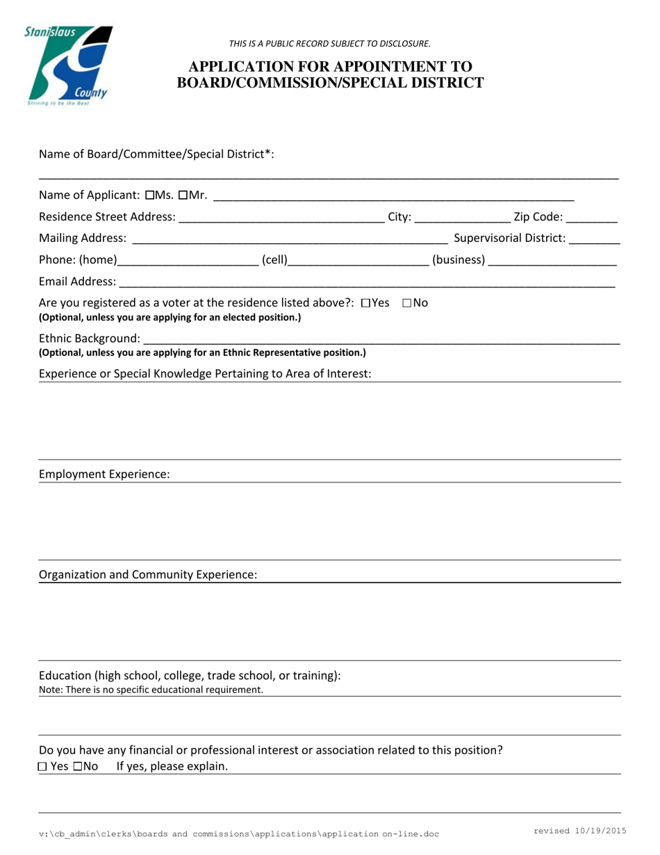 Application for Appointment to Board / Commission / Special District - Stanislaus County, California, Page 1