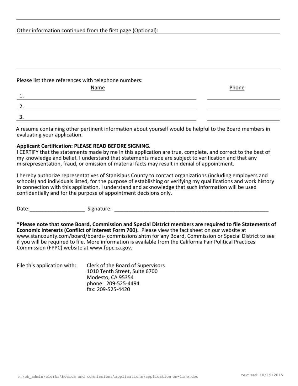 Application for Appointment to Board / Commission / Special District - Stanislaus County, California, Page 2