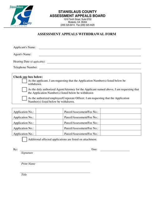 "Assessment Appeals Withdrawal Form" - Stanislaus County, California Download Pdf