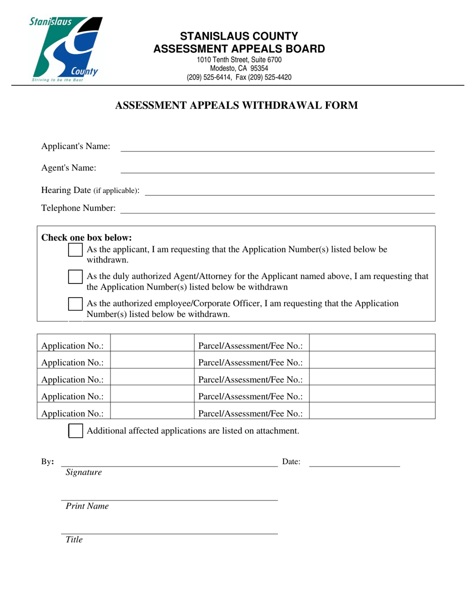 Assessment Appeals Withdrawal Form - Stanislaus County, California, Page 1