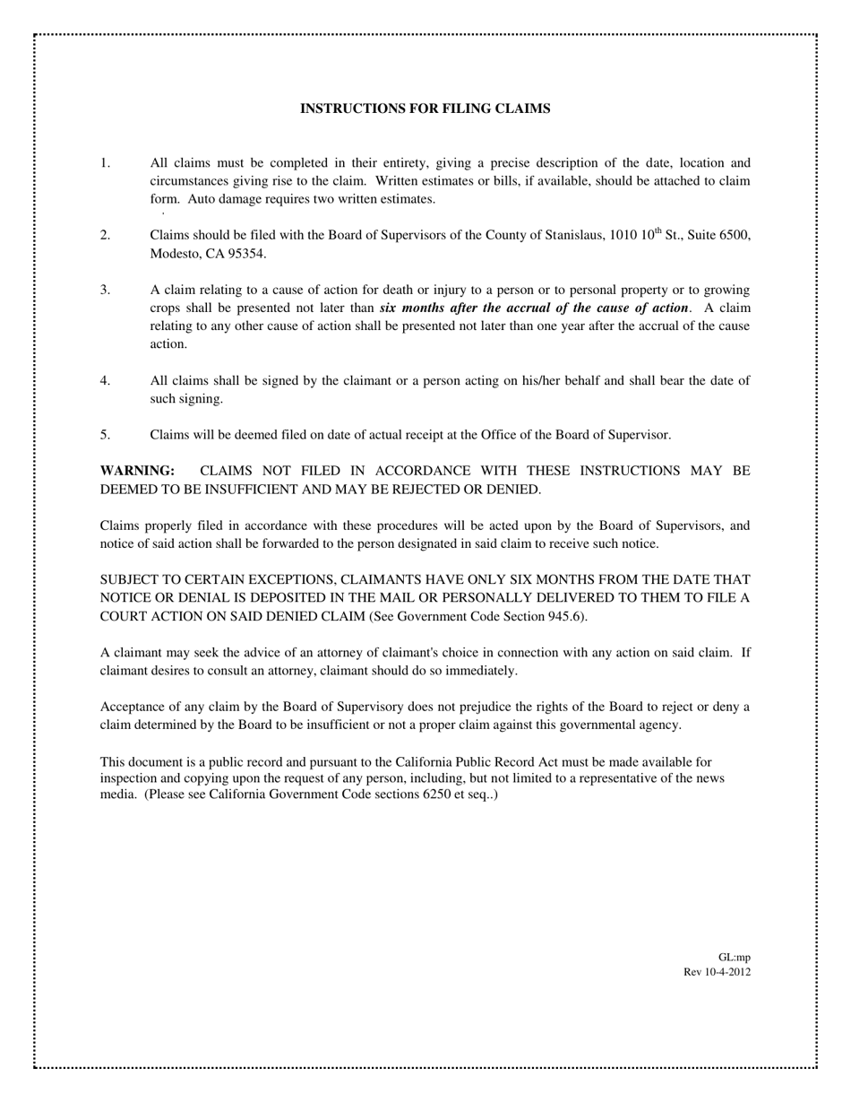 Claim Against the County of Stanislaus - Stanislaus County, California, Page 2