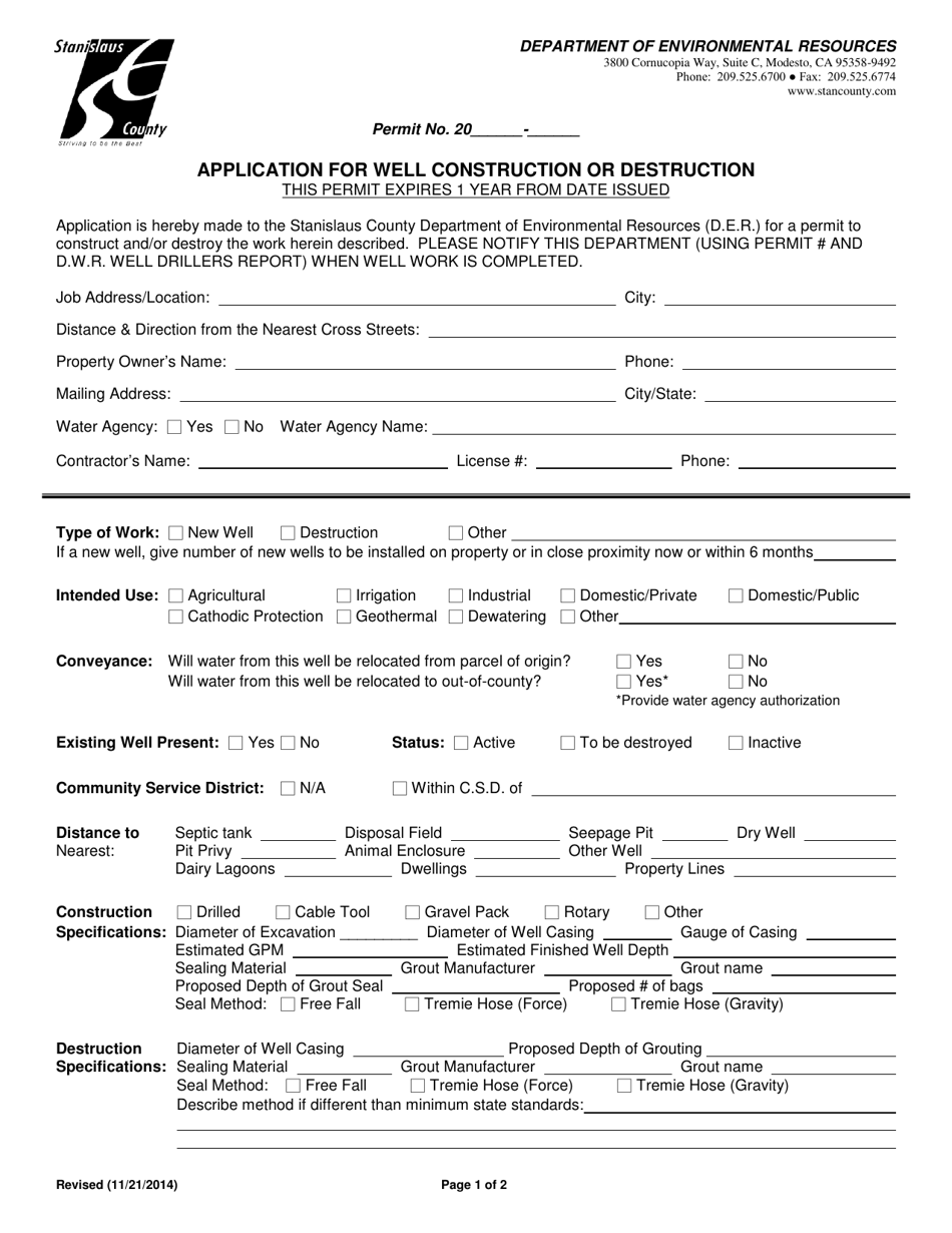 Stanislaus County, California Application for Well Construction or Destruction Fill Out, Sign