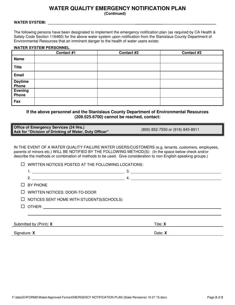 Water Quality Emergency Notification Plan - Stanislaus County, California, Page 2