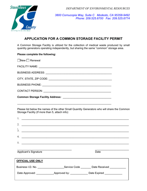 Application for a Common Storage Facility Permit - Stanislaus County, California Download Pdf