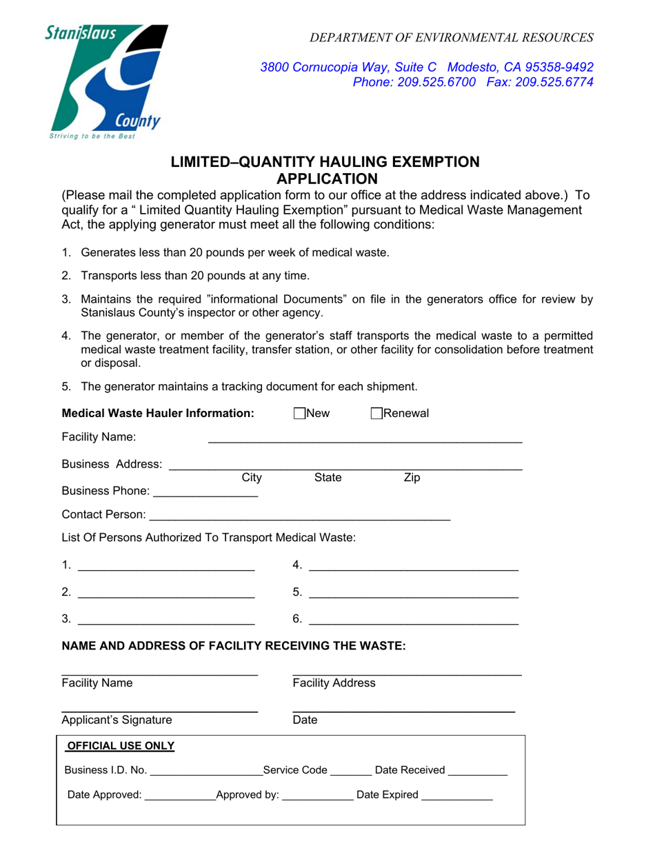 Limited-Quantity Hauling Exemption Application - Stanislaus County, California, Page 1