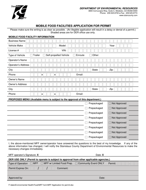 Mobile Food Facilities Application for Permit - Stanislaus County, California Download Pdf