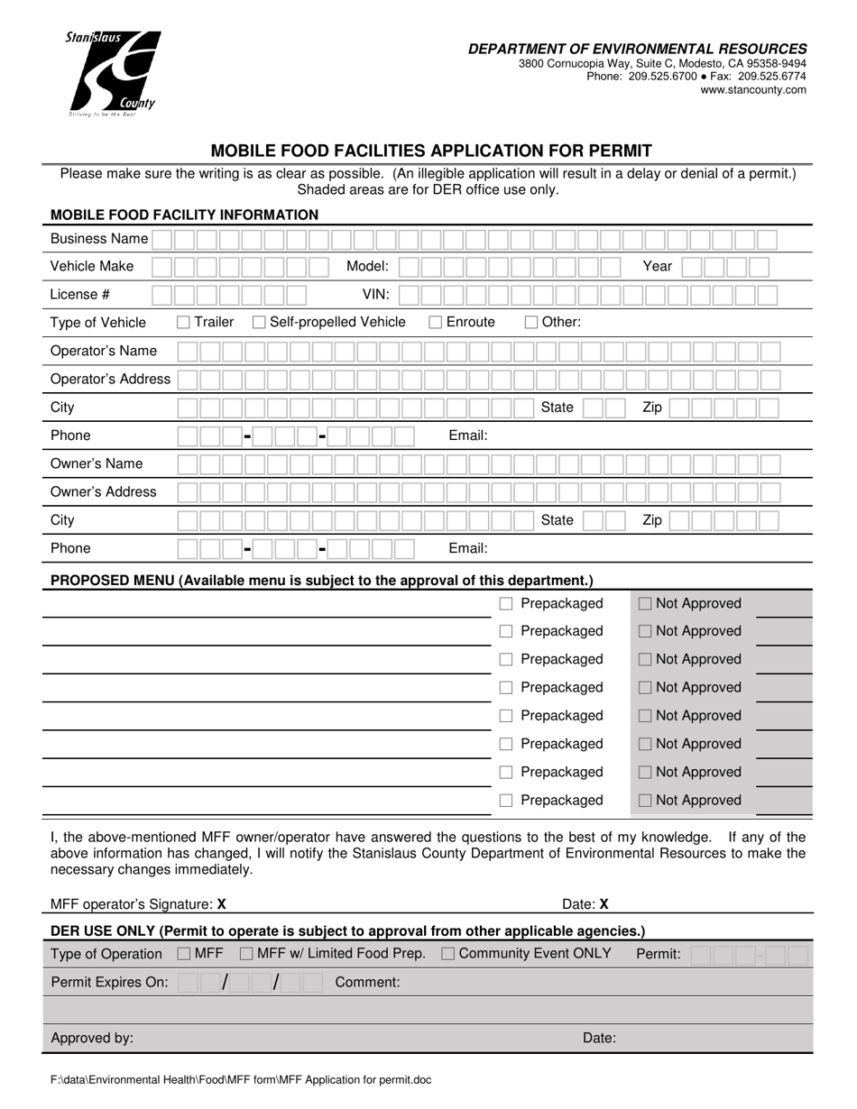 Stanislaus County California Mobile Food Facilities Application For   Mobile Food Facilities Application For Permit Stanislaus County California Print Big 