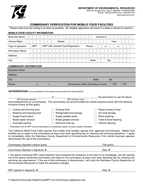 Commissary Verification for Mobile Food Facilities - Stanislaus County, California Download Pdf