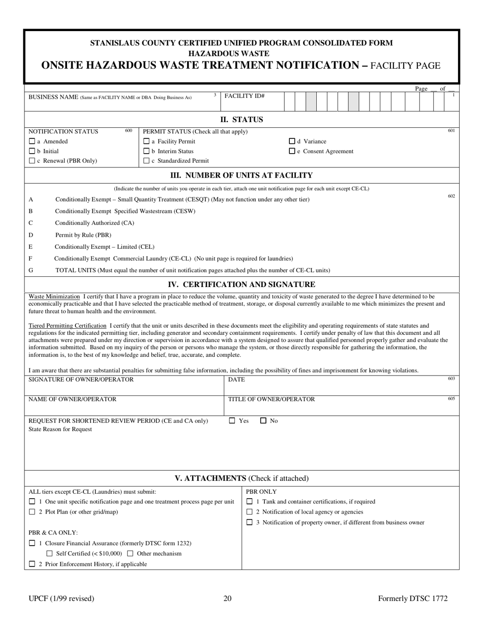 Onsite Hazardous Waste Treatment Notification - Facility Page - Stanislaus County, California, Page 1