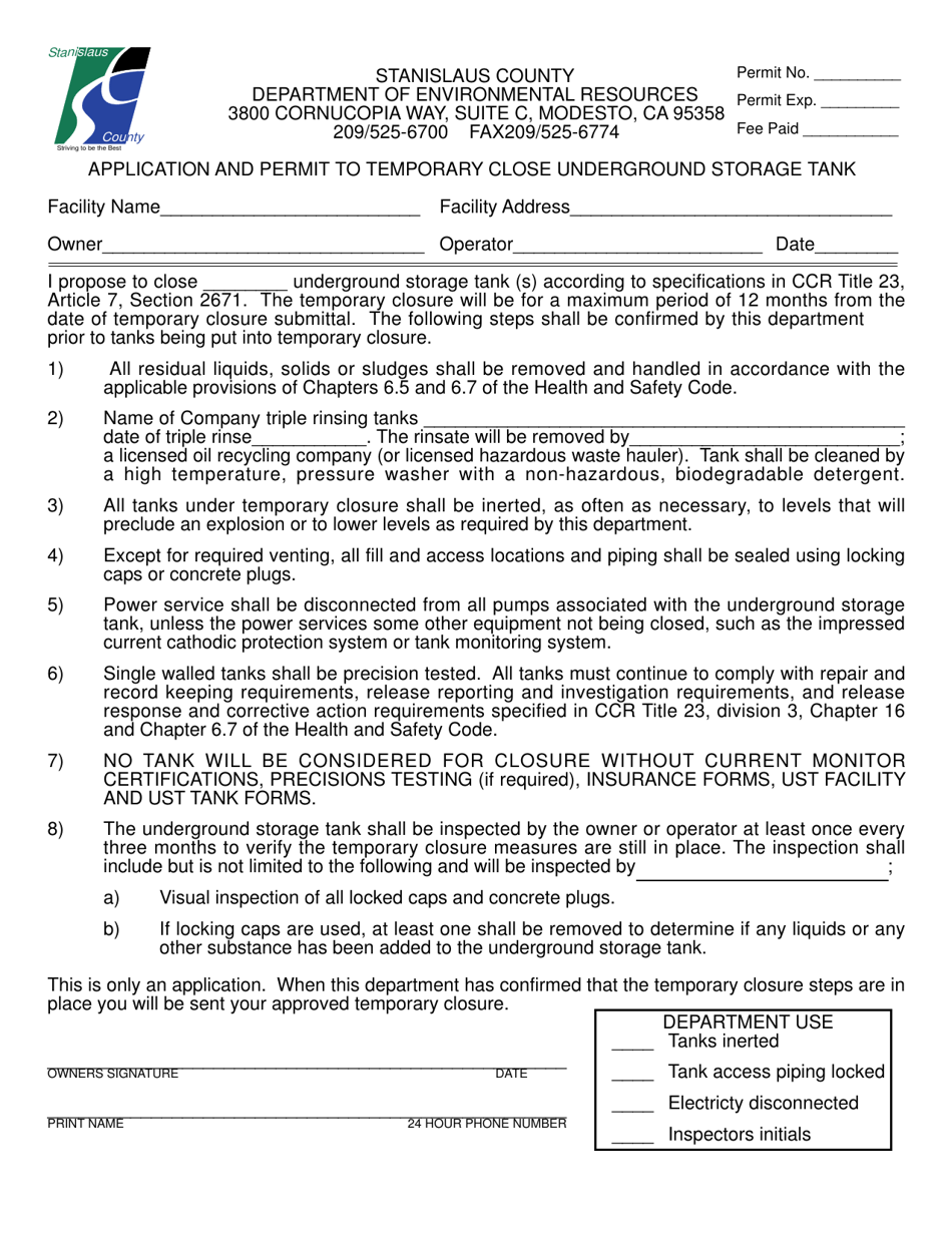 Stanislaus County, California Application And Permit To Temporary Close ...