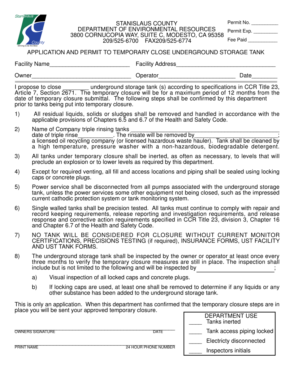 Application and Permit to Temporary Close Underground Storage Tank - Stanislaus County, California, Page 1