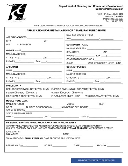 Application for Installation of a Manufactured Home on Private Property - Stanislaus County, California Download Pdf