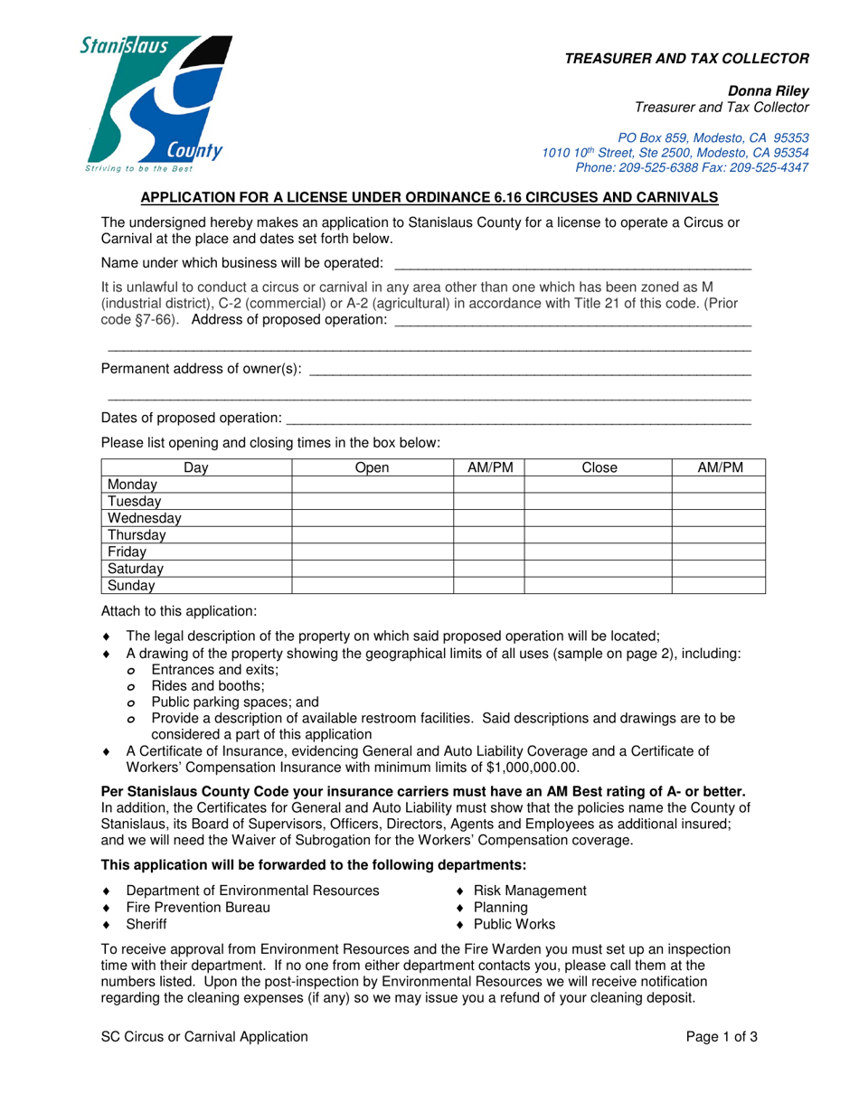 Application for a License Under Ordinance 6.16 Circuses and Carnivals - Stanislaus County, California, Page 1