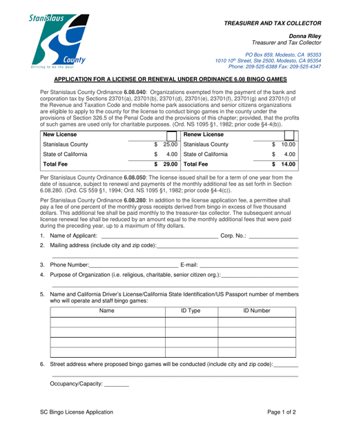 Application for a License or Renewal Under Ordinance 6.08 Bingo Games - Stanislaus County, California Download Pdf