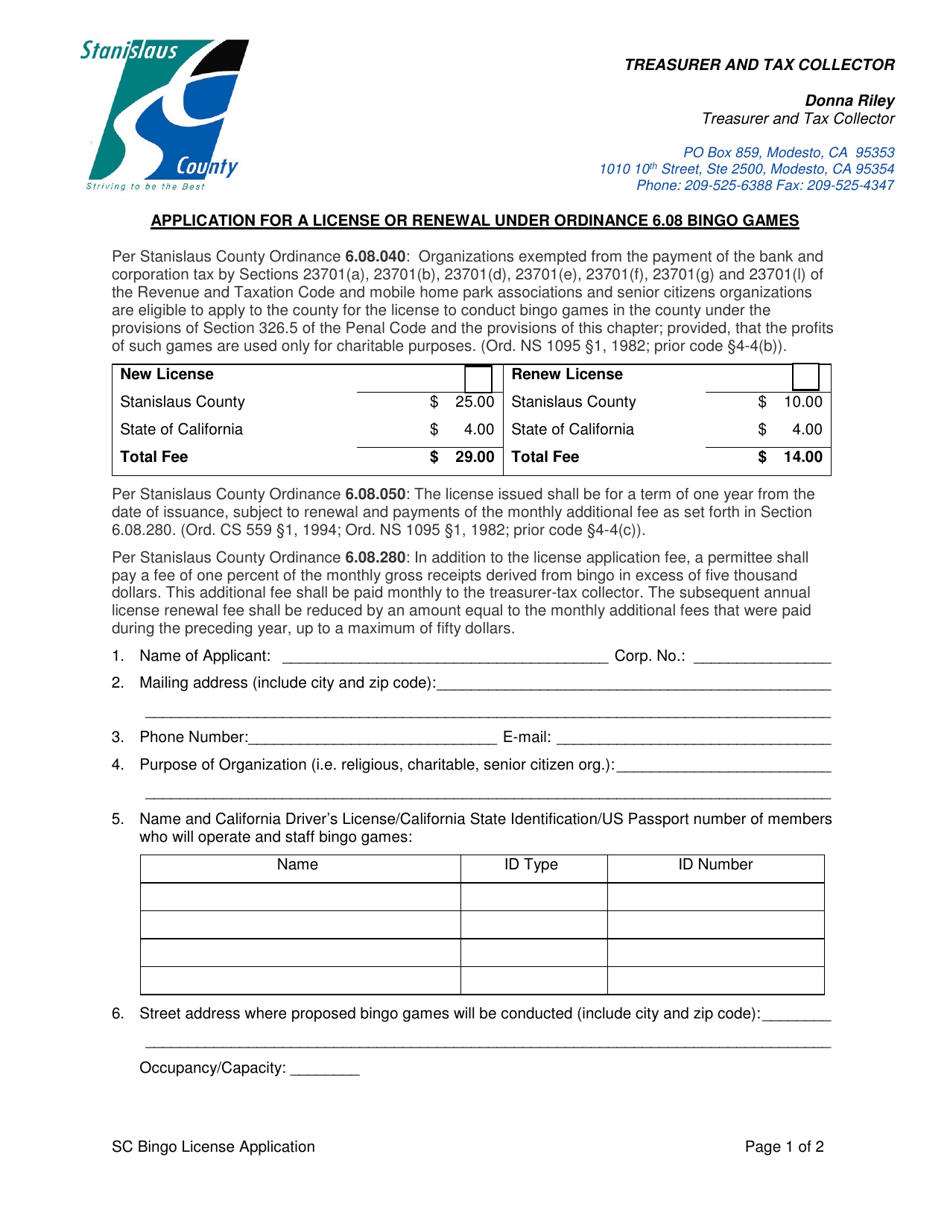 Application for a License or Renewal Under Ordinance 6.08 Bingo Games - Stanislaus County, California, Page 1