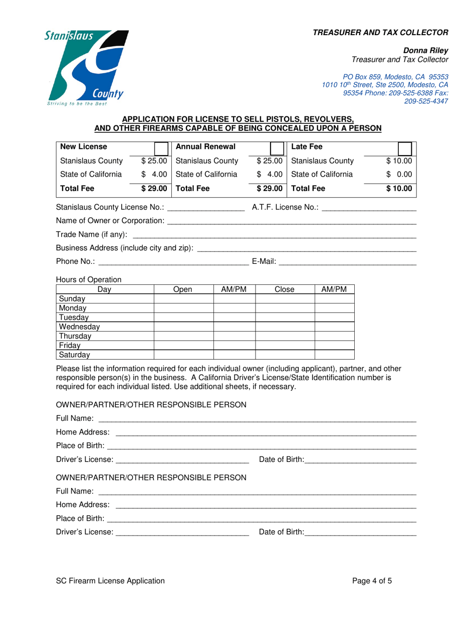 Application for License to Sell Pistols, Revolvers, and Other Firearms Capable of Being Concealed Upon a Person - Stanislaus County, California, Page 4