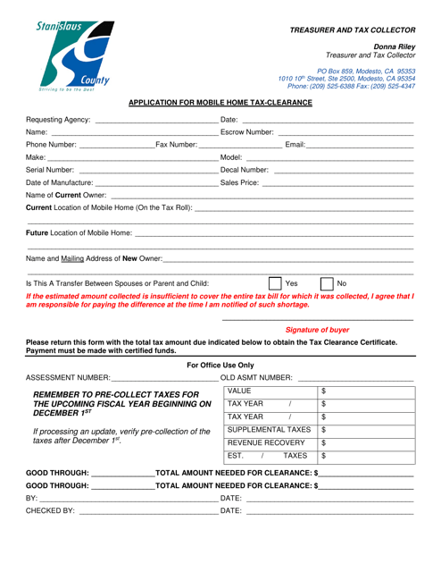 Application for Mobile Home Tax-Clearance - Stanislaus County, California Download Pdf