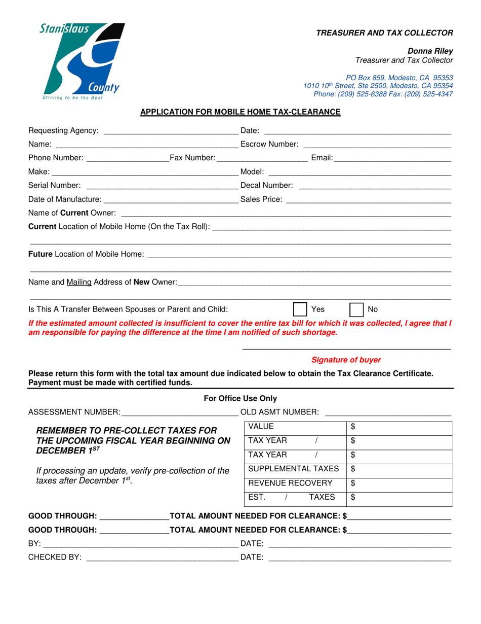 Stanislaus County California Application For Mobile Home Tax Clearance Fill Out Sign Online 3246