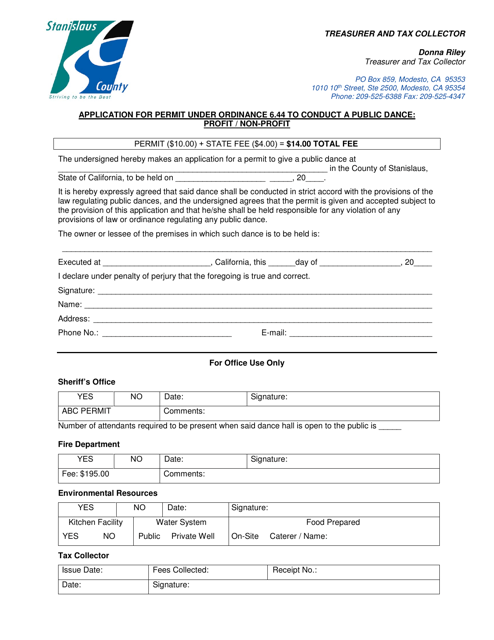 Application for Permit Under Ordinance 6.44 to Conduct a Public Dance: Profit/Non-profit - Stanislaus County, California