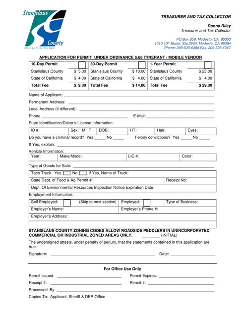 Application for Permit Under Ordinance 6.68 Itinerant / Mobile Vendor - Stanislaus County, California Download Pdf