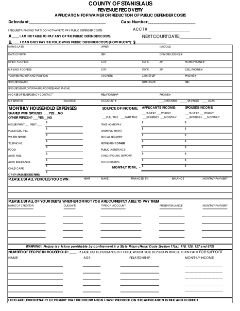 Application for Waiver or Reduction of Public Defender Costs - Stanislaus County, California Download Pdf