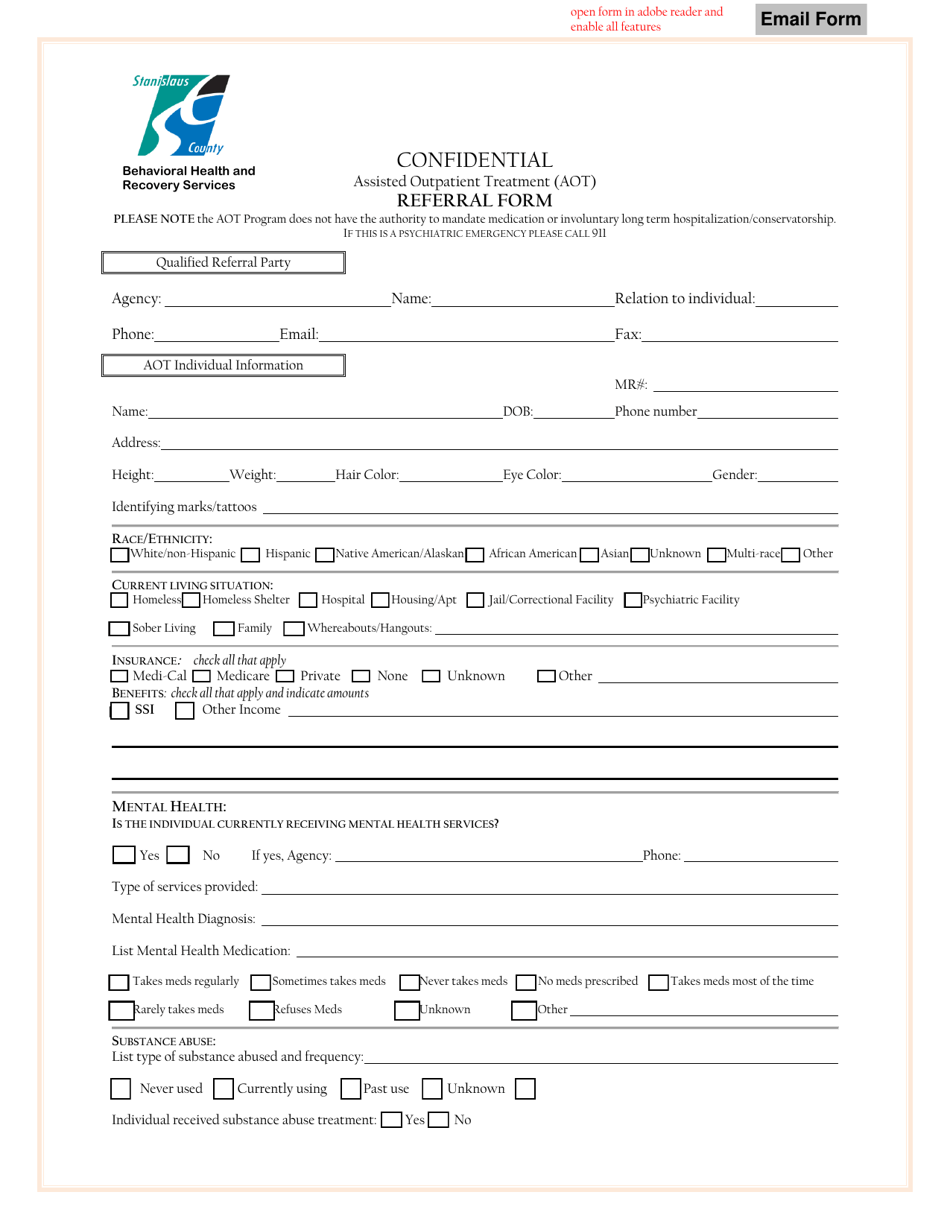 Referral Form - Assisted Outpatient Treatment (Aot) - Stanislaus County, California, Page 1