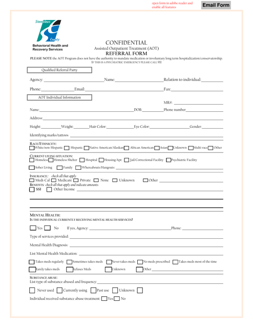 Referral Form - Assisted Outpatient Treatment (Aot) - Stanislaus County, California Download Pdf
