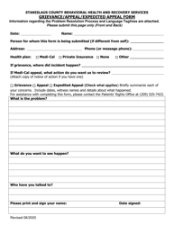 Document preview: Grievance/Appeal/Expedited Appeal Form - Stanislaus County, California