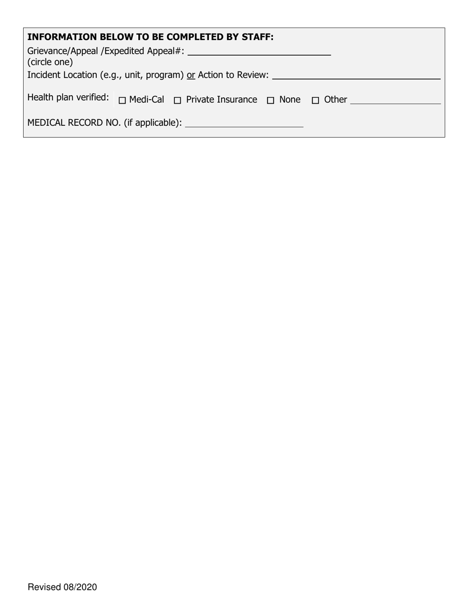 Grievance / Appeal / Expedited Appeal Form - Stanislaus County, California, Page 2