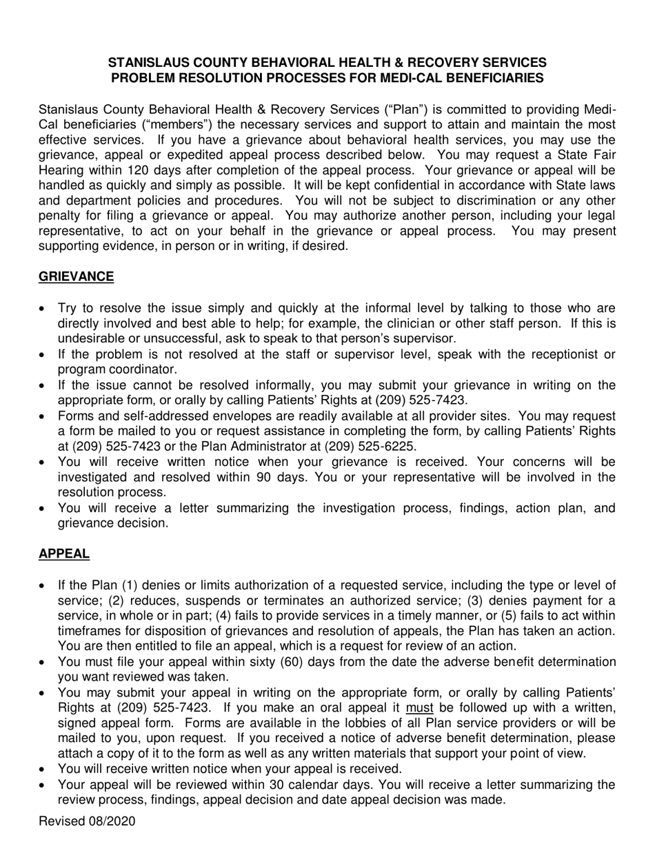 Grievance / Appeal / Expedited Appeal Form - Stanislaus County, California, Page 3