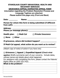 Document preview: Grievance/Appeal/Expedited Appeal Form - Large Print - Stanislaus County, California