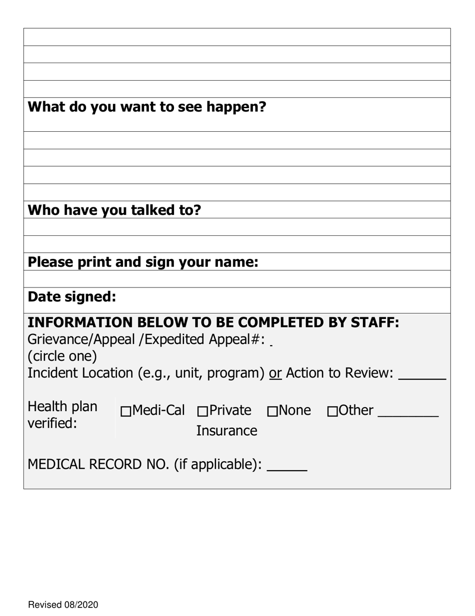 Grievance / Appeal / Expedited Appeal Form - Large Print - Stanislaus County, California, Page 2