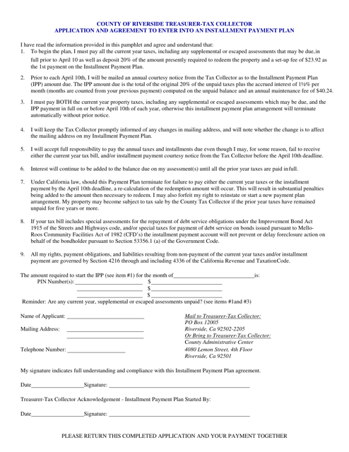 Application and Agreement to Enter Into an Installment Payment Plan - Riverside County, California Download Pdf