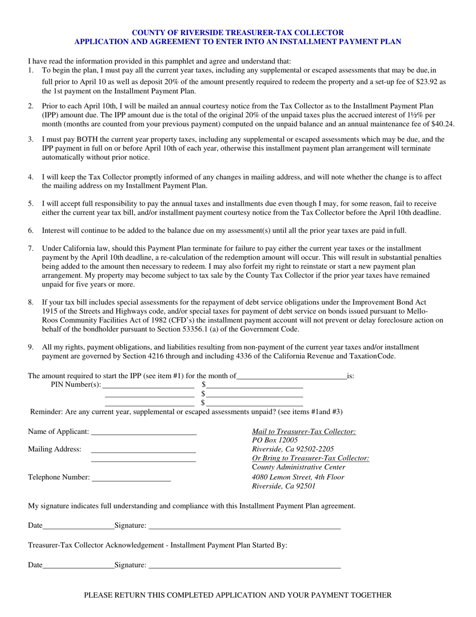 Application and Agreement to Enter Into an Installment Payment Plan - Riverside County, California, Page 1