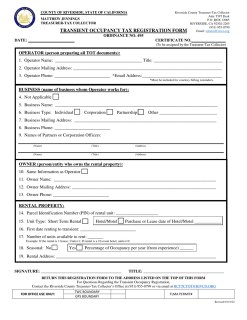Transient Occupancy Tax Registration Form - Riverside County, California Download Pdf